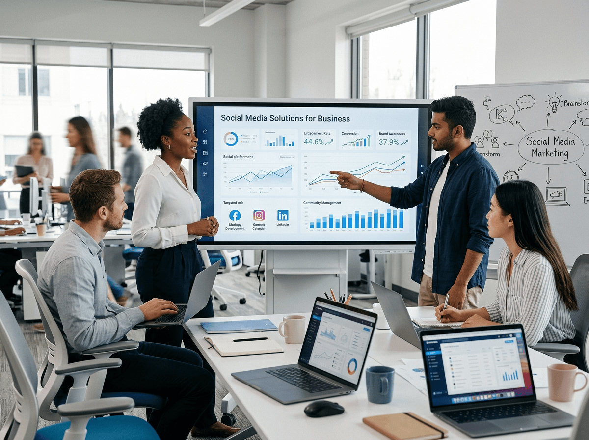 Marketing team discussing a social media analytics dashboard in an office